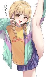 1girl absurdres blonde_hair blush braid commentary_request fujita_kotone gakuen_idolmaster highres idolmaster jacket leg_up looking_at_viewer minazuki_(uraha246) open_clothes open_jacket open_mouth shirt skirt smile smug solo split standing standing_on_one_leg standing_split sweat translation_request trembling twin_braids yellow_eyes