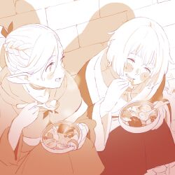 2girls 55bata6rou blush bowl braid brown_theme capelet choker closed_eyes dress dungeon_meshi eating elf falin_touden falin_touden_(tallman) food highres holding holding_bowl holding_spoon long_hair long_sleeves looking_at_another marcille_donato monochrome multiple_girls open_mouth pointy_ears robe short_hair sitting smile soup spoon steam sweat