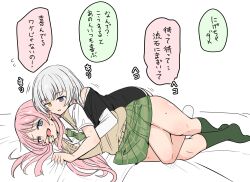 2girls asyura_kumo bang_dream! bang_dream!_it&#039;s_mygo!!!!! blue_eyes blush chihaya_anon fang green_necktie grey_eyes haneoka_school_uniform highres kaname_raana long_hair multiple_girls necktie open_mouth pink_hair school_uniform short_hair white_hair yellow_eyes yuri