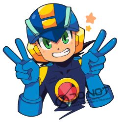 1boy blue_bodysuit blue_helmet bodysuit commentary double_v egao_nina6 green_eyes helmet highres male_focus mega_man_(series) mega_man_battle_network_(series) megaman.exe simple_background smile solo symbol-only_commentary upper_body v watermark white_background