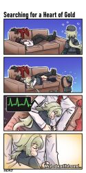 1boy 1girl 4koma absurdres ahoge arm_around_waist bandaid bandaid_on_face bandaid_on_nose beret black_pants black_socks blush boots unworn_boots brown_hair cardiogram closed_eyes comic commander_(girls&#039;_frontline) commission couch english_text fur-trimmed_jacket fur_trim girls&#039;_frontline grey_hair grey_jacket hat unworn_headwear highres hs2000_(girls&#039;_frontline) jacket unworn_jacket kneehighs long_hair long_sleeves lying lying_on_person necktie non-web_source on_back on_couch open_mouth pants ponytail red_jacket red_necktie serjatronic shirt smile socks sparkle white_shirt yellow_eyes