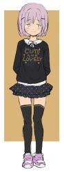 1girl arms_behind_back black_shirt black_skirt black_thighhighs bob_cut border brown_background closed_mouth clothes_writing collared_shirt dot_nose english_text full_body kikai_(akita_morgue) looking_to_the_side miniskirt original outside_border parted_bangs pink_hair pink_shoes polka_dot polka_dot_skirt shirt shoes short_hair sidelocks simple_background skirt smile solo thighhighs white_border
