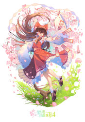 Rule 34 | 1girl, absurdres, ascot, bow, brown hair, brown shoes, cherry blossoms, chinese commentary, chinese text, commentary request, detached sleeves, falling petals, frilled bow, frilled hair tubes, frills, full body, gohei, hair bow, hair tubes, hakurei reimu, highres, holding, holding gohei, long hair, looking at viewer, midriff peek, minuo, navel, ofuda, petals, pink petals, red bow, red eyes, red skirt, ribbon-trimmed sleeves, ribbon trim, shoes, skirt, skirt set, socks, solo, spring (season), touhou, translation request, white socks, yellow ascot