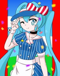1girl aged_down blonde_hair blue_eyes blush bow breasts closed_mouth dress female_focus grass hat hatsune_miku jua long_hair looking_at_viewer multicolored_bow one_eye_closed sky small_breasts smile solo vocaloid