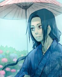 Rule 34 | 1boy, black hair, flower, japanese clothes, kimono, long hair, male focus, meitarou, naruto (series), naruto shippuuden, rain, red eyes, sharingan, solo, uchiha itachi, umbrella