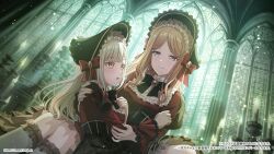2girls bang_dream! bang_dream!_it&#039;s_mygo!!!!! black_bonnet black_bow black_bowtie black_corset bonnet bow bowtie brown_eyes candle commentary_request corset dress frilled_socks frills green_hair highres indoors kneehighs long_hair long_sleeves multiple_girls nagasaki_soyo nail_polish official_art open_mouth red_bow red_dress red_nails sidelocks socks wakaba_mutsumi white_socks yellow_eyes