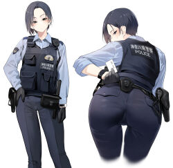 1girl ass black_eyes black_gloves black_hair black_pants black_shoes blue_shirt bulletproof_vest card collared_shirt commentary_request cowboy_shot cropped_legs cuffs gloves gun hand_on_own_hip handcuffs handgun highres holding holding_card holster looking_at_viewer looking_back multiple_views original pants police police_uniform policewoman pouch samazuka_mashiro shirt shoes short_hair simple_background walkie-talkie watch weapon white_background wristwatch