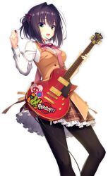 1girl black_pantyhose breasts brown_hair brown_skirt brown_vest collared_shirt frilled_skirt frills green_eyes guitar holding holding_guitar holding_instrument holding_plectrum instrument kobuichi limelight_lemonade_jam long_sleeves medium_hair nabari_anju official_art open_mouth pantyhose plaid_clothes plaid_skirt plectrum shirt skirt smile solo transparent_background vest white_shirt yuzu-soft