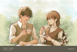 Rule 34 | 1boy, 1girl, aqua eyes, artist name, blue eyes, border, brown hair, brown sweater vest, brown vest, closed mouth, collared shirt, cup, grey border, hair between eyes, hetero, highres, holding, holding cup, holding saucer, looking at viewer, medium hair, meitantei conan, miyano shiho, open mouth, sanada takahiro, saucer, shirt, short hair, sleeves rolled up, smile, smokysun, sweater vest, teacup, turtleneck, upper body, vest, white shirt, wrapped in blanket