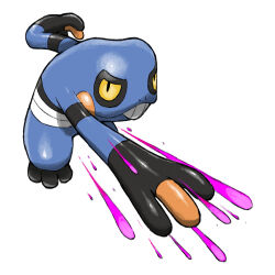 Rule 34 | animal focus, blacknirrow, creatures (company), croagunk, full body, game freak, gen 4 pokemon, nintendo, no humans, outstretched arms, poison, pokemon, pokemon (creature), pokemon focus, simple background, solo, teeth, white background, yellow eyes