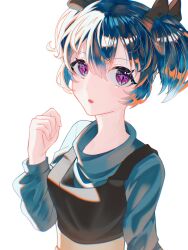 Rule 34 | 1girl, black dress, blue hair, blue shirt, chromatic aberration, commentary request, dress, highres, long sleeves, matoma 11, original, puffy long sleeves, puffy sleeves, purple eyes, shirt, slit pupils, solo, twintails, upper body