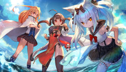 3: 3girls ahoge american_flag_legwear anchor_choker animal_ears arm_ribbon azur_lane backlighting black_panties black_socks blonde_hair blue_sky bow breasts brown_hair china_dress chinese_clothes choker cleveland_(azur_lane) cloak crossed_arms day dress hair_bow hairband highres kneehighs lack large_breasts long_hair midriff multiple_girls navel o-ring o-ring_bottom o-ring_panties one_side_up orange_eyes outdoors panties pelvic_curtain ping_hai_(azur_lane) pleated_skirt red_dress red_eyes ribbon ribbon-trimmed_legwear ribbon_trim sailor_collar sailor_shirt shirt side-tie_panties sideboob silver_hair skirt sky sleeveless sleeveless_shirt small_breasts socks string_panties thighhighs twintails underwear wading white_legwear yukikaze_(azur_lane)