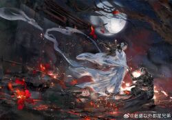 2boys absurdres architecture armor bishounen black_armor black_hair blood blood_on_ground blue_sky building burning chinese_armor chinese_clothes chinese_commentary commentary_request embers fire flower full_armor full_moon glowing hanfu highres holding_hands horror_(theme) hua_cheng huge_moon kneeling long_hair long_sleeves looking_at_another male_focus mask mask_on_head moon multiple_boys night night_sky official_art on_ground outdoors red_flower scene_reference sky sparks spoilers standing sword tianguan_cifu very_long_hair weapon weibo_5541843220 white_hanfu white_mask wide_sleeves wind xie_lian