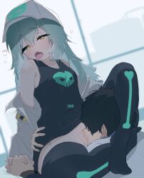 Rule 34 | 1boy, 1girl, absurdres, antonina (neural cloud), aqua hair, arm around back, black hair, black tank top, black thighhighs, blush, breasts, censored, collarbone, cunnilingus, faceless, faceless male, full body, girls&#039; frontline, girls&#039; frontline neural cloud, hair between eyes, hat, headlock, heart, heart in eye, heavy breathing, hetero, highres, interlocked fingers, jacket, long hair, looking at another, mosaic censoring, off shoulder, open mouth, oral, professor (neural cloud), ryunosuke nikaido, saliva, short hair, skull, small breasts, sweat, symbol in eye, tank top, thighhighs, tongue, tongue out, torogao, white hat, white jacket, yellow eyes