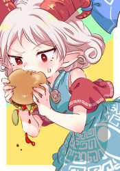 1girl bare_shoulders biting blue_bow blue_dress border bow burger chinese_clothes detached_sleeves dress earrings eating food food_bite holding holding_burger holding_food hoop_earrings horns jewelry kimi3735 looking_at_food medium_hair pointy_ears red_eyes red_horns sharp_teeth sleeveless sleeveless_dress solo sweat teeth touhou toutetsu_yuuma upper_body white_border