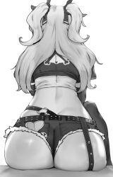 Rule 34 | 1girl, absurdres, ass, ass focus, back, belt, crop top, denim, denim shorts, elbow gloves, from behind, gloves, hair ribbon, highres, huge ass, jacket, monochrome, nicole demara, niwarhythm, ribbon, shorts, sitting, strapless, tube top, two side up, wide hips, zenless zone zero