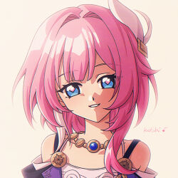 1girl artist_name chinese_commentary coat commentary_request cyrene_(honkai:_star_rail) hair_ornament highres honkai:_star_rail honkai_(series) jewelry koshichan medium_hair necklace parted_lips pink_hair pink_pupils purple_coat simple_background smile solo upper_body