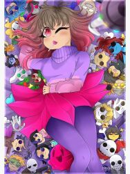 asgore_dreemurr asriel_dreemurr bete_noire brown_hair candy chara_(undertale) flowey_(undertale) food frisk_(undertale) glitchtale jessica_grey lollipop muffet one_eye_closed papyrus_(undertale) pink_eyes pink_hair pink_sweater purple_sweater purple_thighhighs sans_(undertale) short_hair skirt stuffed_toy sweater thighhighs toriel undertale undyne