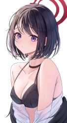 1girl absurdres black_choker black_hair black_wings blue_archive breasts byakko_0410 choker cleavage collarbone halo highres mashiro_(blue_archive) mashiro_(swimsuit)_(blue_archive) official_alternate_costume purple_eyes red_halo small_breasts solo upper_body wings