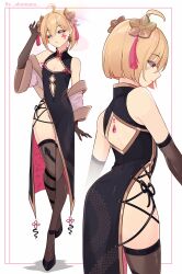1boy absurdres ahoge akumana artist_name ass back_cutout back_jewl bare_shoulders black_dress black_sclera black_shoes blonde_hair blue_eyes brown_gloves brown_thighhighs china_dress chinese_clothes cleavage_cutout closed_mouth clothing_cutout colored_sclera commission covered_navel cutout_above_navel dress earrings elbow_gloves facial_mark full_body gem gloves hair_between_eyes hair_ornament highres jewelry long_skirt looking_at_viewer multiple_views no_panties original parted_lips pink_dress pink_gemstone pixiv_commission shawl shoes short_hair side-tie_dress side_slit single_earring skirt sleeveless sleeveless_dress snake_print tassel tassel_hair_ornament thighhighs trap turnaround