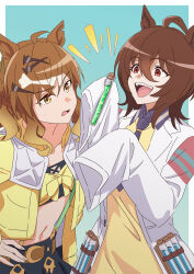2girls agnes_tachyon_(umamusume) ahoge animal_ears aqua_background asada7101 bandeau black_bandeau blue_necktie blue_shirt bow brown_eyes brown_hair collared_shirt commentary cork hair_between_eyes hair_ornament hairclip hand_on_own_hip highres holding holding_test_tube horse_ears horse_girl jacket jungle_pocket_(umamusume) lab_coat long_sleeves medium_hair midriff multiple_girls navel necktie notched_ear open_clothes open_jacket outside_border padded_jacket shirt sidelocks sleeves_past_fingers sleeves_past_wrists sweatdrop sweater teeth test_tube umamusume upper_body upper_teeth_only wavy_hair white_hair yellow_bow yellow_jacket yellow_sweater