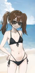 Rule 34 | 1girl, bare arms, bare shoulders, beach, bikini, black bikini, blue sky, blurry, blurry background, brown eyes, brown hair, cloud, collarbone, commentary request, cowboy shot, day, flat chest, front-tie bikini top, front-tie top, gluteal fold, grin, hands on own hips, highres, kantai collection, long hair, looking at viewer, multi-strapped bikini bottom, navel, nito (nshtntr), outdoors, petite, ryuujou (kancolle), side-tie bikini bottom, sky, smile, solo, stomach, sunglasses, swimsuit, twintails