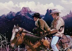 2boys animal black_hair black_hat blue_pants brokeback_mountain brown_gloves brown_hair closed_mouth cloud cloudy_sky commentary cowboy_hat denim english_commentary ennis_del_mar gloves hat highres holding holding_reins horse horseback_riding jack_twist jeans leaning leaning_forward looking_ahead male_focus mountain multiple_boys noahdeaart outdoors pants plant reins riding saddle saddlebags short_hair sideburns sky white_hat