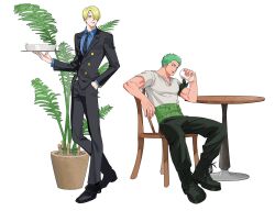 2boys bandana_around_arm black_necktie black_pants blonde_hair cigarette formal_clothes full_body hair_over_one_eye hand_in_pocket haramaki highres holding holding_plate male_focus multiple_boys necktie one_piece pants plate roronoa_zoro sanji_(one_piece) shirt short_hair sitting suit sweetdou3 white_shirt