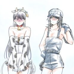 Rule 34 | 2girls, absurdres, alternate costume, animal collar, animal ears, animal print, bang dream!, bang dream! it&#039;s mygo!!!!!, bare arms, bare shoulders, baseball cap, bell, bell earrings, belt, black hair, blue background, blue belt, blue eyes, blue gloves, blue hat, blue overalls, breasts, chinese commentary, chinese text, cleavage, collar, collarbone, commentary request, covering crotch, covering privates, cow ears, cow girl, cow horns, cow print, cow print gloves, cow tail, cowboy shot, dress, dress tug, earrings, elbow gloves, frilled dress, frills, gloves, hand on own hip, hand on own shoulder, hat, headwear writing, highres, horns, implied yuri, jewelry, jinzhengu, long hair, medium breasts, medium hair, microdress, mole, mole under eye, multiple girls, naked overalls, neck bell, overall shorts, overalls, print gloves, purple eyes, red collar, rubber gloves, shaded face, shiina taki, simple background, simplified chinese text, straight hair, strapless, strapless dress, sweatdrop, tail, translation request, two-tone gloves, white background, white gloves, yahata umiri