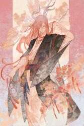 1boy absurdres antlers bandaged_arm bandages black_jacket blue_sash border branch calendulamew charm_(object) cherry_blossoms closed_eyes closed_mouth expressionless facing_viewer feet_out_of_frame flower flower_necklace hair_flip hair_over_one_eye haori highres horns ichimoku_ren_(onmyoji) jacket japanese_clothes jewelry kimono long_hair low-tied_long_hair male_focus necklace onmyoji outside_border pillarboxed pink_border pink_flower pink_hair red_rope rope sash solo standing tanzaku tokkuri tree watermark weibo_watermark white_background white_kimono wide_sleeves