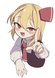 1girl black_skirt blonde_hair blush commentary fang hair_ribbon highres long_sleeves looking_at_viewer necktie open_mouth oyatu_potage pointing pointing_at_viewer red_eyes red_necktie red_ribbon ribbon rumia short_hair simple_background skin_fang skirt solo touhou white_background