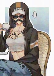 ... 1girl black_hair blue_background border breast_tattoo breasts chair chest_tattoo cleavage closed_mouth coat collarbone crop_top cup denim disguise earrings expressionless fake_facial_hair fake_mustache feet_out_of_frame finger_tattoo fur_hat genderswap genderswap_(mtf) hat highres holding holding_cup hood hood_up hooded_coat jeans jewelry law-chan looking_at_viewer medium_breasts one_piece open_clothes open_coat outline outside_border panther_print pants short_hair sitting solo speech_bubble sunglasses tattoo teacup tiradmisx trafalgar_law white_border white_outline
