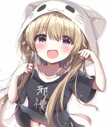1girl 2021 :d absurdres animal_ear_hood animal_ears ao_no_kanata_no_four_rhythm arisaka_mashiro black_shirt blush brown_hair cat_ears clothes_lift clothes_writing commentary_request dated_commentary eyes_visible_through_hair fake_animal_ears fang floating_hair gattengou hair_between_eyes hands_up happy highres hood hood_up long_hair looking_at_viewer navel open_mouth paw_pose purple_eyes shirt shirt_lift short_sleeves simple_background skin_fang smile solo tareme twintails twitter_username upper_body white_background