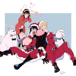 Rule 34 | 2boys, 2girls, ^^^, ^ ^, absurdres, animal, anya (spy x family), awarinko, black boots, black bow, black bowtie, black gloves, black hair, black pantyhose, black shoes, blonde hair, blush, bobby socks, bond (spy x family), boots, bow, bowtie, brother and sister, brown boots, brown hairband, cartoon bone, closed eyes, closed mouth, dog, dress, earrings, fur-trimmed headwear, fur-trimmed jacket, fur-trimmed sleeves, fur trim, gloves, grey background, grey bow, hairband, hands up, hat, heart, highres, holding, holding stuffed toy, hug, jacket, jewelry, long sleeves, mouth hold, multiple boys, multiple girls, open mouth, pants, pantyhose, pink hair, puffy long sleeves, puffy sleeves, purple bow, red dress, red jacket, red pants, santa costume, santa hat, shoe soles, shoes, siblings, sleeves past wrists, small sweatdrop, smile, socks, spy x family, standing, stuffed animal, stuffed rabbit, stuffed toy, sweat, twilight (spy x family), two-tone background, v-shaped eyebrows, white background, white socks, wide-eyed, yor briar, yuri briar