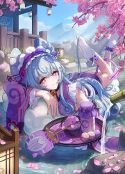 1girl absurdres apron aqua_hair bell blackxyfaf breasts cherry_blossoms dango dango_milk_(genshin_impact) detached_sleeves fingernails food frilled_apron frilled_hairband frills full_body genshin_impact hairband highres holding holding_tray japanese_clothes looking_at_viewer lying neck_bell nihongami no_shoes on_stomach outdoors petals pink_pupils purple_eyes smile socks tail tapir_tail tray vision_(genshin_impact) wagashi white_socks wide_sleeves yumemizuki_mizuki