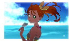 1girl bare_arms bikini blue_sky blurry blurry_background bow cloud day food from_side green_eyes hair_bow long_hair looking_at_viewer natsuumi_manatsu ocean orange_hair outdoors pink_bow popsicle precure shoulder_blades side_ponytail sky solo striped_bikini striped_clothes swimsuit tongue tongue_out tropical-rouge!_precure upper_body yellow_bow zerolay