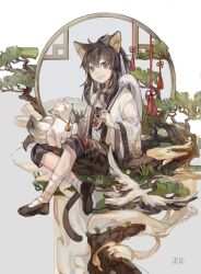 1boy animal_ear_fluff animal_ears bandaged_arm bandaged_foot bandages bell bird black_shoes brown_eyes brown_hair brown_pants cat_ears cat_tail character_request check_copyright chinese_commentary commentary_request copyright_request crane_(animal) crossed_legs eyelashes flower_knot fog fox fox_ears fox_tail full_body gradient_background grey_background hair_between_eyes haori holding holding_paintbrush hong_(hong11117) in_tree jacket japanese_clothes kitsune lattice long_hair long_sleeves looking_at_viewer multiple_tails neck_bell onmyoji open_clothes open_jacket open_mouth paintbrush pants petting ponytail shoes sidelocks simple_background sitting sitting_in_tree smile solo tail tassel teeth tree white_background white_jacket white_sleeves