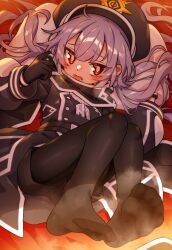 1girl black_hat black_pantyhose blush bright_pupils dress duel_monster feet flat_chest fuji_tarawi gloves hat highres jacket long_hair long_sleeves looking_at_viewer lower_teeth_only lying military_hat military_jacket military_uniform no_shoes on_back open_mouth pantyhose purple_hair red_eyes scarf sky_striker_ace_-_roze soles solo spread_toes teeth toes twintails white_pupils yu-gi-oh!
