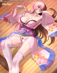1girl adhesive_bra artist_name bare_shoulders blue_kimono blush bra breasts brown_eyes brown_hair cleavage closed_mouth collarbone commentary english_commentary feet_out_of_frame floral_print hands_up heterochromia highres japanese_clothes kimono large_breasts long_hair long_sleeves looking_at_viewer lying multicolored_hair multicolored_kimono neopolitan_(rwby) obi off_shoulder on_back orange_kimono panties patreon_logo patreon_username pink_bra pink_eyes pink_hair pink_kimono purple_sash rwby sash smile solo split-color_hair thick_thighs thighhighs thighs tokkuri two-tone_hair underwear variant_set vilde_loh_hocen white_panties white_thighhighs wide_sleeves yukata