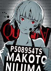 10s 1girl artist_request blood character_name female_focus highres looking_at_viewer monochrome mugshot niijima_makoto persona persona_5 red_eyes short_hair smirk solo source_request splatter