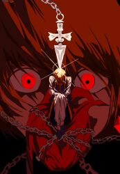 1boy blonde_hair blue_shoes blue_tabard chain full_body heart_(organ) highres hunter_x_hunter kurapika long_sleeves looking_at_viewer male_focus multiple_views pants red_eyes shirt shoes short_hair simple_background solo sx_0oss tabard white_pants white_shirt