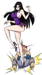 1boy 1girl ball_busting bare_arms bare_legs bdsm black_hair boa_hancock breasts bulge cbt clothed_female_nude_male cum dress earrings ejaculation erection femdom high_heels jewelry large_breasts legs long_dress long_hair long_skirt nude ocigart one_piece sideboob skirt standing stepping_on_penis thighs trample