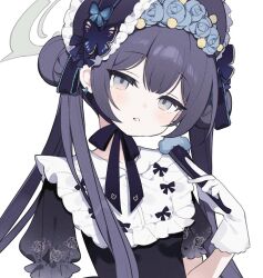 1girl alternate_costume black_dress black_hair blue_archive blue_flower blue_rose butterfly_hair_ornament collar collared_dress commentary double-parted_bangs double_bun dress expressionless floral_print flower frilled_collar frilled_hairband frilled_sleeves frills gloves grey_eyes grey_halo hair_bun hair_ornament hairband halo hand_fan head_tilt holding jitome kisaki_(blue_archive) lolita_fashion lolita_hairband long_hair looking_at_viewer parted_lips puffy_short_sleeves puffy_sleeves rose rose_print short_sleeves simple_background solo twintails upper_body white_background white_gloves ymm007xx