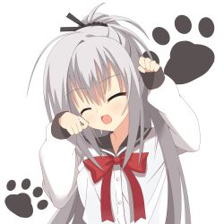 1girl :d ^_^ absurdres black_ribbon black_sailor_collar blush bow buttons closed_eyes commentary dracu-riot! elena_olegovna_owen facing_viewer grey_hair hair_ribbon hands_up happy highres kaon_zz long_hair open_mouth paw_pose paw_print ponytail red_bow ribbon sailor_collar school_uniform serafuku shirt simple_background sleeves_past_wrists smile solo upper_body very_long_hair white_background white_shirt