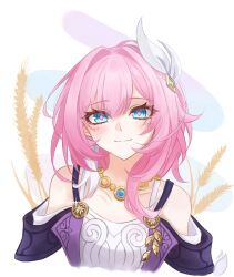 1girl bare_shoulders blue_eyes blush commentary_request cyrene_(honkai:_star_rail) dress hair_intakes hair_ornament highres honkai:_star_rail honkai_(series) jewelry long_hair looking_at_viewer necklace off-shoulder_dress off_shoulder otamasan pink_hair pink_pupils smile solo upper_body white_background