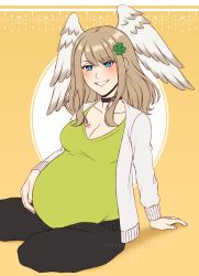 1girl absurdres adricarra blue_eyes blush breast_tattoo breasts brown_hair cardigan choker cleavage clover eunie_(xenoblade) four-leaf_clover green_shirt head_wings highres large_breasts looking_at_viewer medium_breasts misscherrylle pants pregnant shirt sitting smile solo sweatpants tattoo v-neck white_cardigan white_wings wings xenoblade_chronicles_(series) xenoblade_chronicles_3