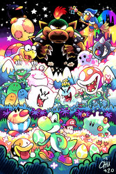 1boy angry baby baby_bowser baby_mario big_boo biggudonnburi biggukachikachisupesharu boo_(mario) bowser brown_hair claws flower frog_pirate glasses grass grin hat highres hookbill_the_koopa kamek looking_at_viewer magic mario moon naval_piranha night night_sky nintendo piranha_plant poochy_(yoshi&#039;s_island) potted_ghost raphael_the_raven raven_(yoshi&#039;s_island) red_hair shy_guy sky sluggy smile super_mario_world_2:_yoshi&#039;s_island tail tongue yellow_eyes yoshi yoshi_egg
