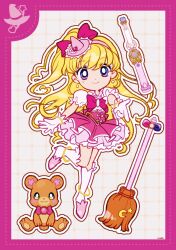 1girl anklet asahina_mirai back_bow blonde_hair border bow bowtie bracelet broom closed_mouth collared_shirt cure_miracle deformed dot_nose dotted_line earrings eyelashes frilled_headwear frilled_skirt frilled_sleeves frills full_body gloves gold_bracelet grey_background grid_background hair_bow hairband happy hat hat_ornament heart heart_hat_ornament heart_wand high-waist_skirt high_heels highres jewelry kneehighs long_hair looking_at_viewer magical_girl mahou_girls_precure! mini_hat mini_witch_hat miniskirt mofurun_(mahou_girls_precure!) one_side_up outline pink_border pink_bow pink_bowtie pink_brooch pink_hairband pink_hat pink_shoes pink_skirt pleated_skirt pointing precure puffy_short_sleeves puffy_sleeves purple_eyes shirt shoes short_sleeves signature skirt smile socks sphere_earrings stiletto_heels swept_bangs tareme uwded_207 very_long_hair wavy_hair white_gloves white_outline white_shirt white_socks witch_hat
