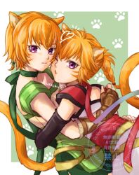 2girls affectionate animal_ears border braid cat_ears cat_girl cat_tail closed_mouth commentary_request facial_mark fire_emblem fire_emblem:_radiant_dawn green_background highres hug lethe_(fire_emblem) looking_at_viewer lyre_(fire_emblem) multiple_girls nintendo one_eye_closed outside_border paw_print paw_print_background purple_eyes tail usachu_now watermark white_border