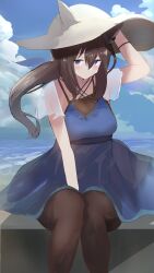 1girl absurdres admire_vega_(umamusume) alternate_costume animal_ears blue_dress blue_ribbon brown_hair brown_pantyhose dress hair_between_eyes hair_ribbon hand_on_headwear hat highres horse_ears horse_girl horse_tail long_hair looking_at_viewer low_ponytail pantyhose ponytail purple_eyes ribbon sleeveless sleeveless_dress sun_hat sundress tail takinii umamusume white_hat